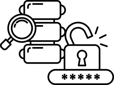 A black and white image of a lock with a key and a magnifying glass Stock Illustration