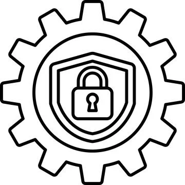 A black and white image of a lock and key with a gear in the background Illustrazione stock