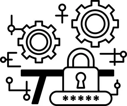 A black and white image of a lock with a key and a series of gears Stock Illustration