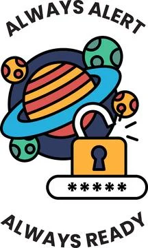 A black and white image of a lock with a key and a planet in the background Illustrazione stock
