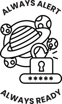 A black and white image of a lock with a key and a planet in the background Illustrazione stock