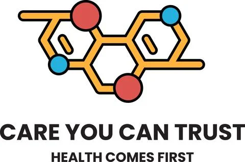 A black and white image of a molecule with the words "care you can trust" w.. Ilustración de archivo