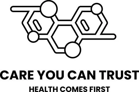 A black and white image of a molecule with the words "care you can trust" w.. Ilustración de archivo
