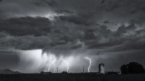 Black and white image of multiple lightning strikes Stock Photos