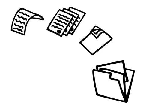 Black and white image of an open folder and documents, different documents ar Stock Illustration