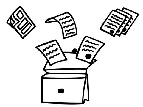 Black and white image of an open portfolio and documents, vector image Stock Illustration