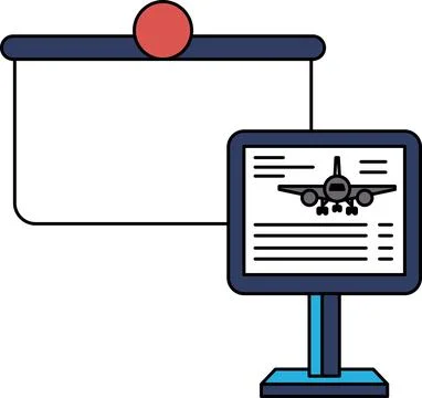 A black and white image of a plane and a projector screen Stock Illustration
