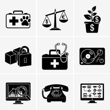 This black and white image presents a collection of monochrome icons, each il Stock Illustration