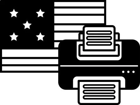 A black and white image of a printer and the American flag Stock Illustration