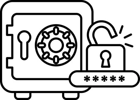 A black and white image of a safe with a keyhole and a lock Illustrazione stock