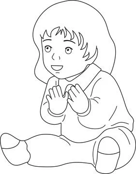 Black and white image. A small child sits and plays. Cute baby smile. White b Stock Illustration