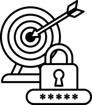 A black and white image of a target with a bow and arrow and a lock with a ke Stock Illustration