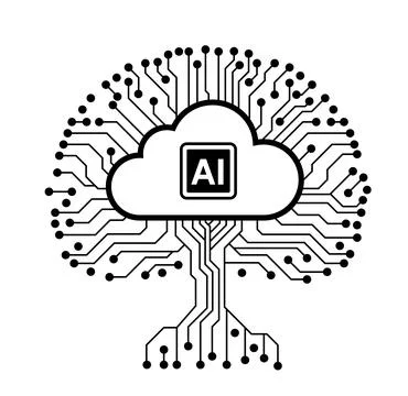 A black and white image of a tree with a cloud and the letters AI on it Stock-Illustration