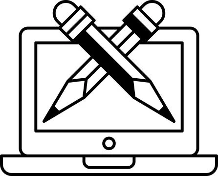 A black and white image of two pencils with a laptop in the background Illustrazione stock