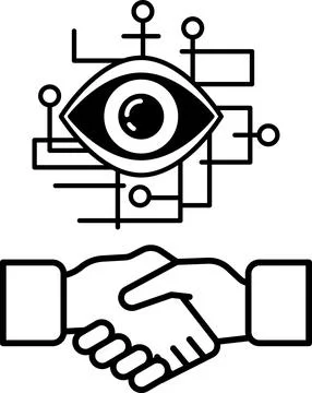 A black and white image of two hands shaking with a computer chip in the midd 스톡 일러스트
