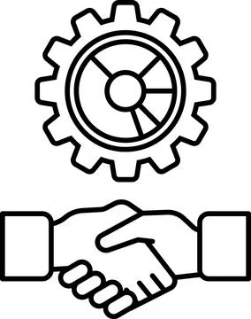 A black and white image of two hands shaking with a gear in the background Stock Illustration