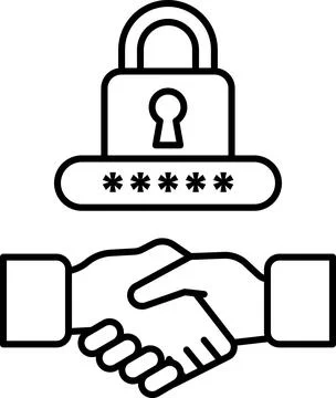 A black and white image of two hands shaking with a lock in the background Illustrazione stock