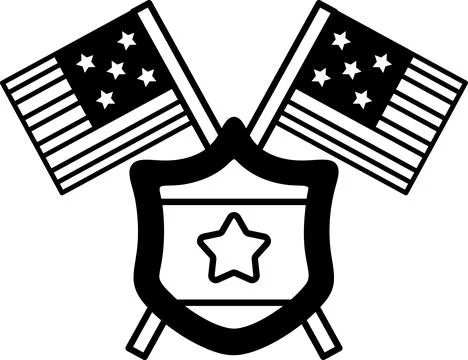 A black and white image of two American flags and a shield with a star Stock Illustration