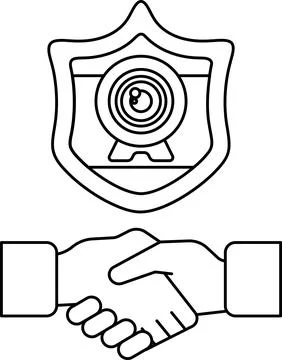 A black and white image of two hands shaking with a camera in the middle Illustrazione stock