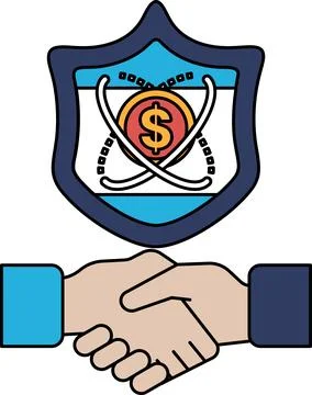 A black and white image of two hands shaking with a dollar sign on the shield Stock Illustration