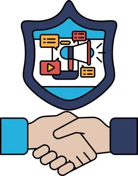 A black and white image of two hands shaking with a shield behind them Stock Illustration
