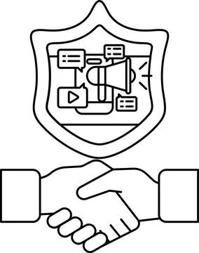 A black and white image of two hands shaking with a shield behind them Stock Illustration