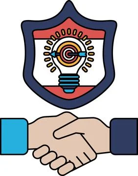 A black and white image of two hands shaking with a shield behind them Stock Illustration