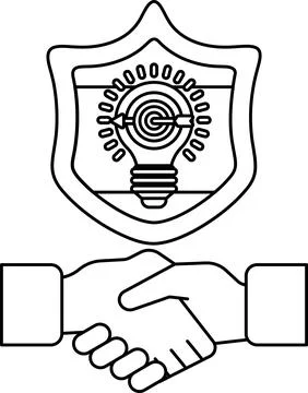 A black and white image of two hands shaking with a shield behind them Stock Illustration