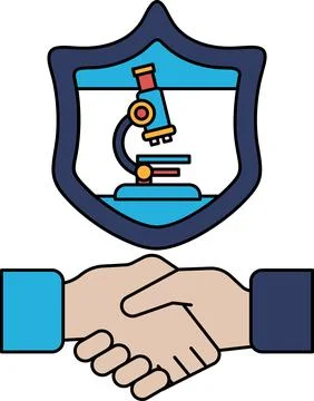 A black and white image of two hands shaking with a microscope in the backg.. Stock Illustration