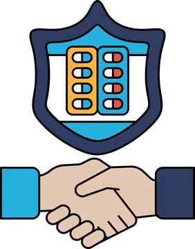 A black and white image of two hands shaking with a shield behind them Stock Illustration