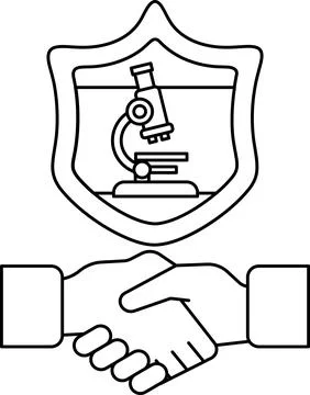A black and white image of two hands shaking with a microscope in the backg.. Stock Illustration