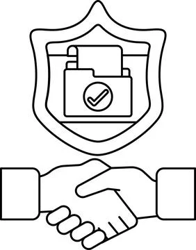 A black and white image of two hands shaking with a shield behind them Stock Illustration