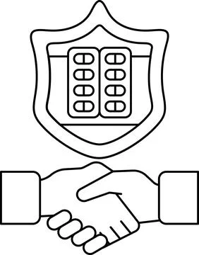 A black and white image of two hands shaking with a shield behind them Stock Illustration