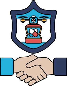 A black and white image of two hands shaking with a shield behind them Stock Illustration