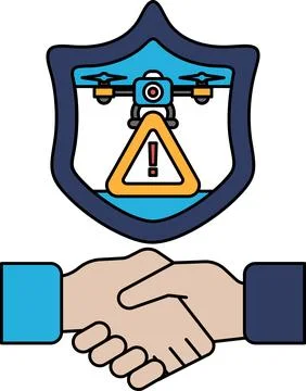 A black and white image of two hands shaking with a shield behind them Stock Illustration