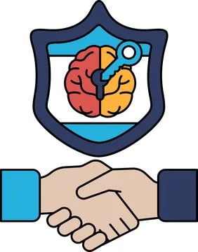 A black and white image of two hands shaking with a key on the shield Stock Illustration
