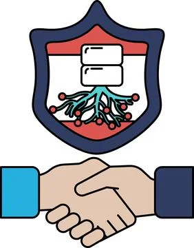 A black and white image of two hands shaking with a shield behind them Stock Illustration