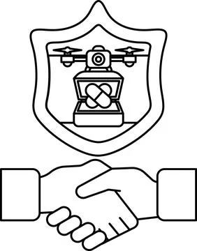 A black and white image of two hands shaking with a shield behind them Stock Illustration