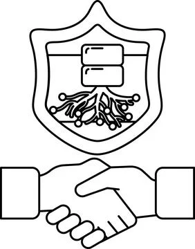 A black and white image of two hands shaking with a shield behind them Stock Illustration