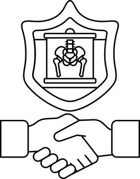 A black and white image of two hands shaking with a shield behind them Stock Illustration