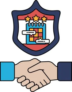 A black and white image of two hands shaking with a shield behind them Stock Illustration