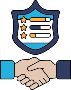 A black and white image of two hands shaking with a shield behind them Stock Illustration