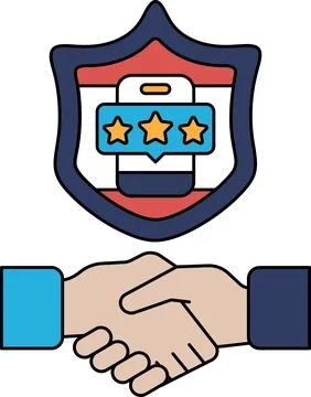 A black and white image of two hands shaking with a shield behind them Stock Illustration