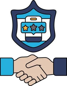 A black and white image of two hands shaking with a shield behind them Stock Illustration