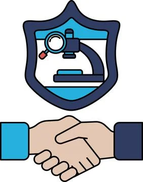 A black and white image of two hands shaking with a microscope Stock Illustration