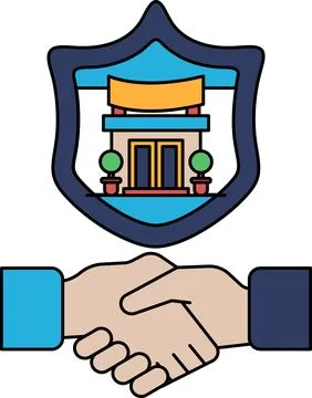 A black and white image of two hands shaking with a shield behind them Stock Illustration