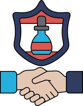 A black and white image of two hands shaking with a shield behind them Stock Illustration