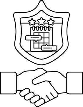 A black and white image of two hands shaking with a shield behind them Stock Illustration