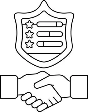 A black and white image of two hands shaking with a shield behind them Stock Illustration