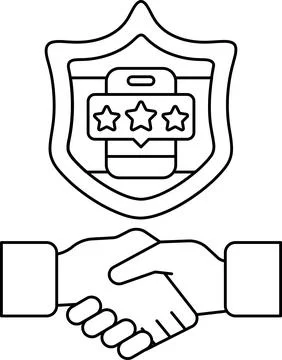 A black and white image of two hands shaking with a shield behind them Stock Illustration